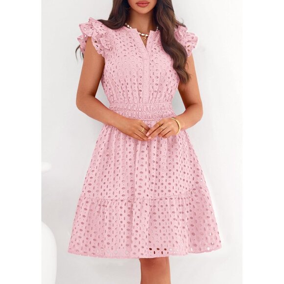 Women's Pink V Neck Eyelet Cap Sleeve Summer Beach Vacation Sundresseses - Picture 2 of 8